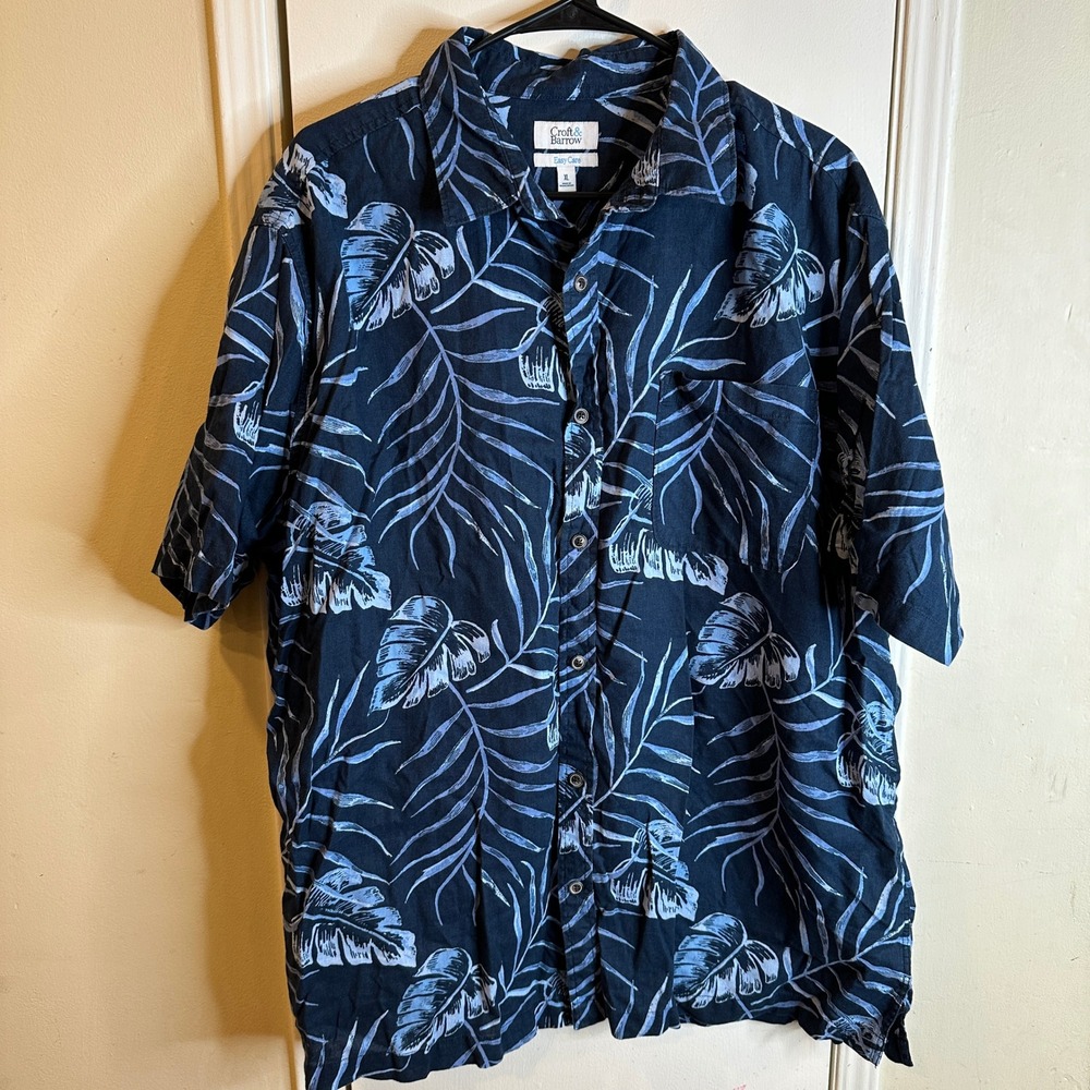 Mens XL Navy Blue Hawaiian Tropical Palm Leaf Linen Blend Button Down Shirt